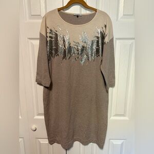 Beige and Cream Knit Dress with Silver Floral Design